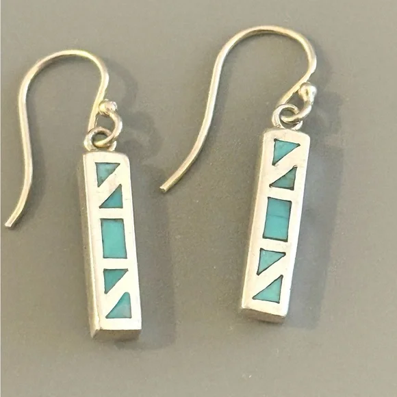 Southwestern Turquoise Inlay Sterling Silver Bar Drop Earrings - Picture 2 of 4